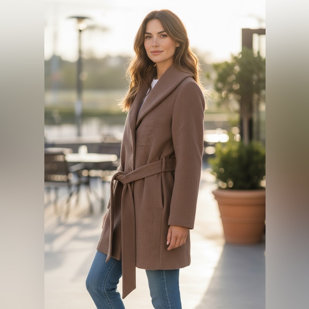 Orb Camel Tan Belted Lightweight Fold Over Collar Button Down Pocket Jacket